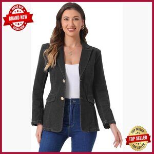 Denim Blazer with Shoulder Pads Notched Lapel Casual Work Jacket